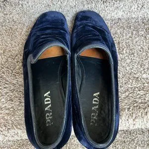Prada Men\'s Navy Velvet Leather Trimmed Shoes Loafers . Prada Men main image 3